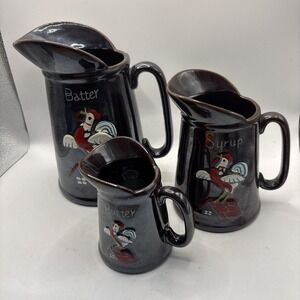 Vtg 50s Redware Rooster Pottery Pancake Pitchers Batter Syrup Butter Japan